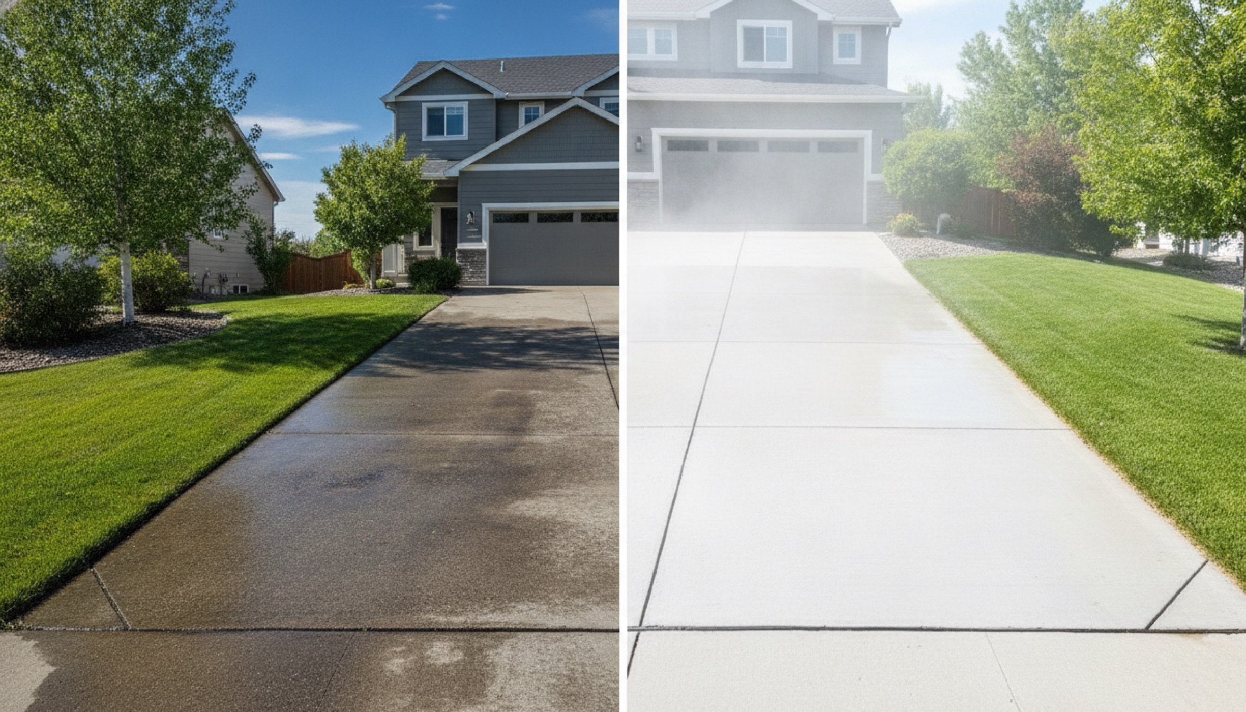 Before and after of a residential concrete driveway being power washed.