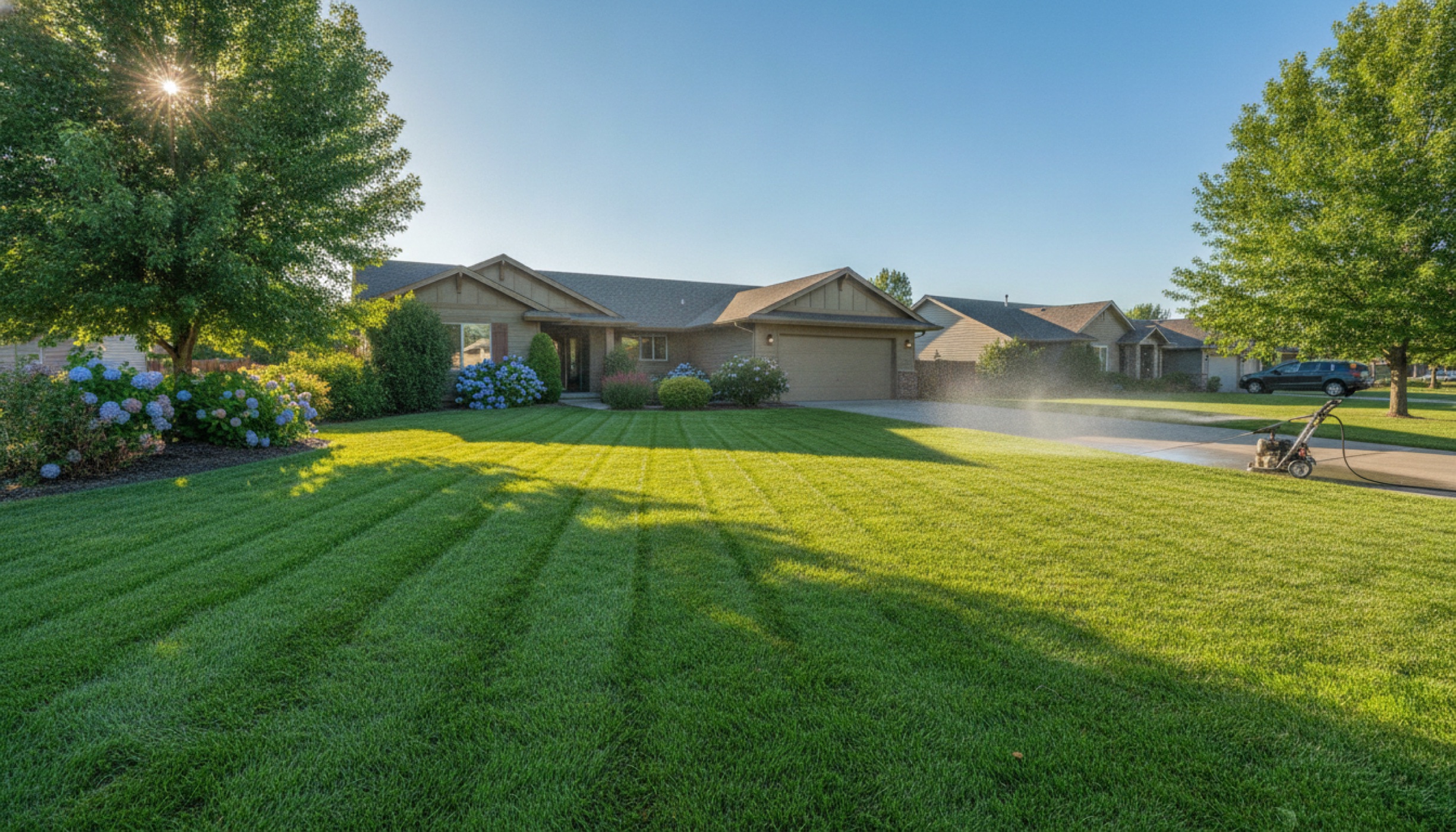 A freshly mowed lush green lawn at a Boise-area home on a summer morning.